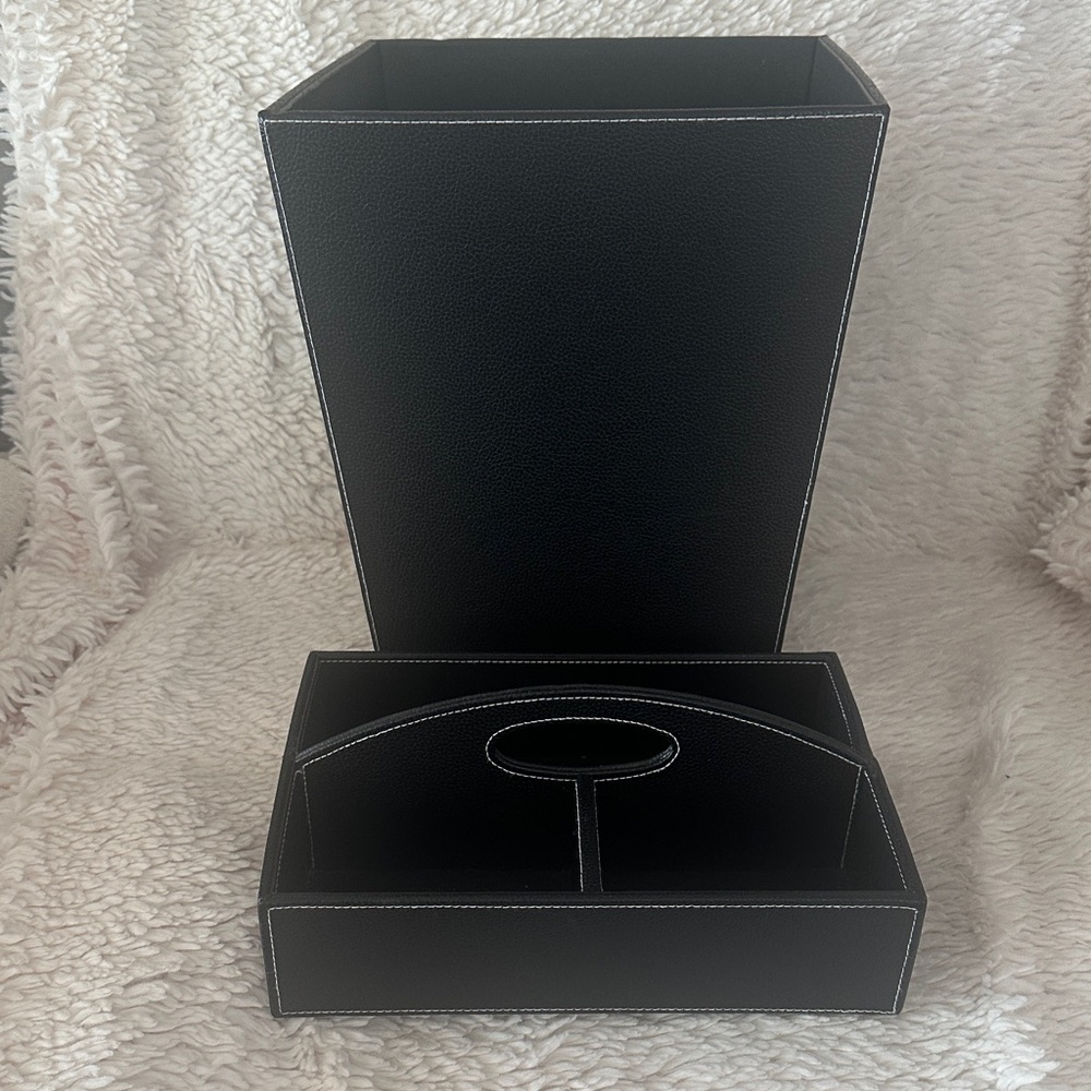 Black Pebbled Wastebasket & Desk Organizer Set